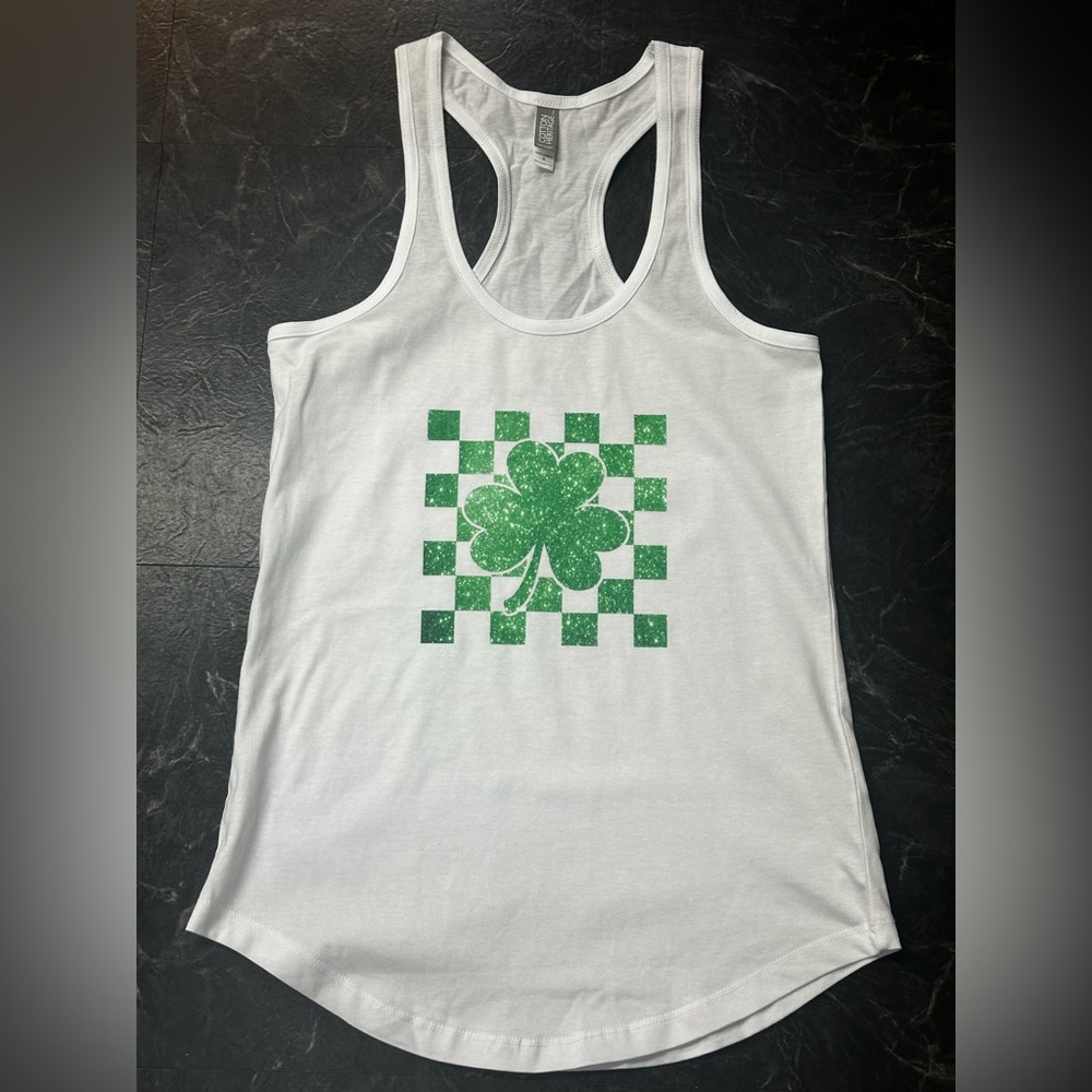 White Tank Top with Green Checkered Shamrock